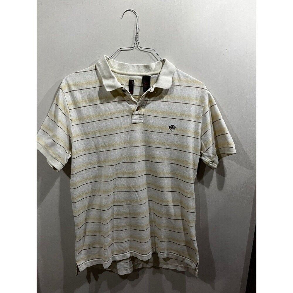 Perry Ellis America Polo Mens Large Yellow White Brown Striped Athleisure Golf